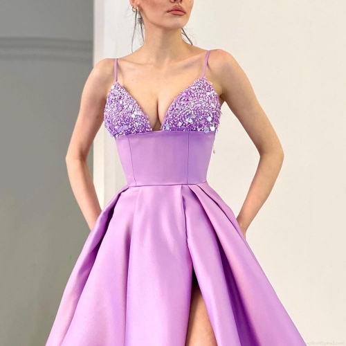 Women Sexy Deep V Neck Sequin Satin Spliced Evening Dress Elegant Spaghetti Strap High Slit Long Gown For Wedding Party Banquet