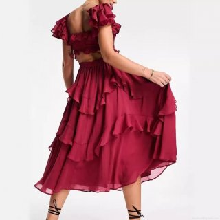 Women's Elegant Layered Ruffle Mesh Maxi Dress Backless Hollow Cake Skirt Solid Color Vacation Evening Party Sweet Princess Style Long Gown