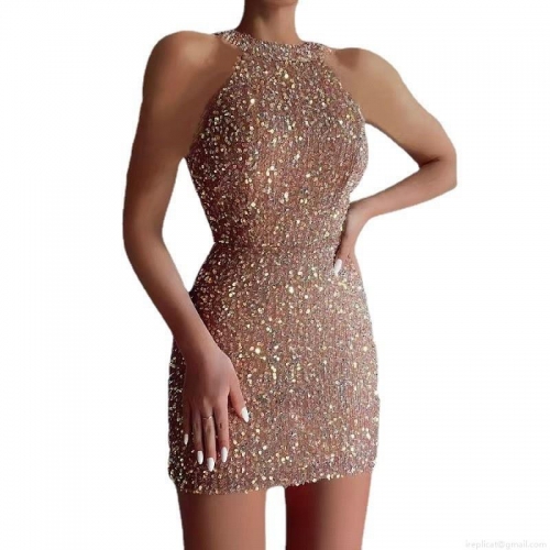 Women's Sexy Halter Neck Sequin Mini Dress Glitter Crystal Tassel Bodycon Party Evening Gown For Club Wedding Guest Women Sleeveless Cocktail Dress