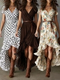 Women Bohemian V-Neck Lace Trim Ruffle Dress Summer Vacation Polka Dot Floral High Waist Short Sleeve Irregular Hem Maxi Dress Boho Chic Party Sundress