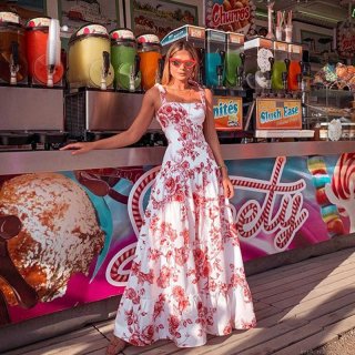 Women's Summer Rose Print Sling Maxi Dress Bohemian Floral Tiered Cake Skirt Holiday Beach Sleeveless Square Neck Long Dress