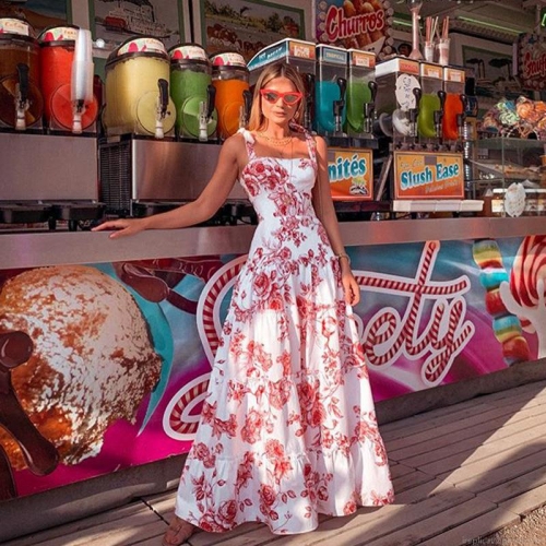 Women's Summer Rose Print Sling Maxi Dress Bohemian Floral Tiered Cake Skirt Holiday Beach Sleeveless Square Neck Long Dress