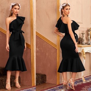 Women's One Shoulder Mermaid Midi Dress Elegant Ruffle Trim Sleeveless Bodycon Evening Party Gown With Waist Tie For Wedding Guest Prom Banquet