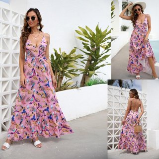 Women's Pink Tropical Bird Palm Leaf Print Maxi Dress V Neck Backless Camisole Dress With Waist Tie Bohemian Resort Summer Long Dress For Women