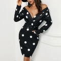 Women Elegant Polka Dot Off-Shoulder Long Sleeve Bodycon Pencil Dress Vintage V-Neck Midi Party Dress With Belt For Dating Office
