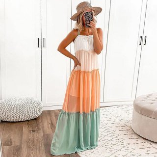 Women's Patchwork Chiffon Maxi Dress Sleeveless Spaghetti Strap Tiered Layered Cake Dress Summer Beach Vacation Elegant Party Gown Multicolor Long Dress