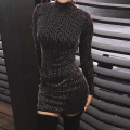 Women Sexy Sparkling Sequin Bodycon Mini Dress High Neck Long Sleeve Glitter Evening Party Clubwear Pencil Dress Polyester Splicing Slim Fit Black Short Dress