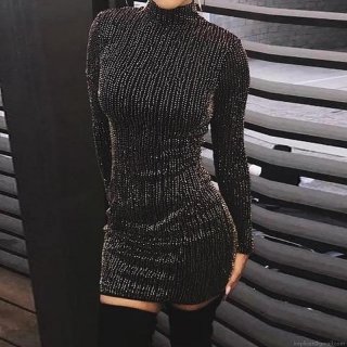 Women Sexy Sparkling Sequin Bodycon Mini Dress High Neck Long Sleeve Glitter Evening Party Clubwear Pencil Dress Polyester Splicing Slim Fit Black Short Dress