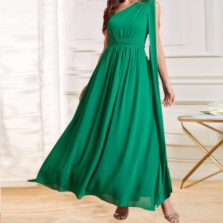 Women Elegant One Shoulder Chiffon Maxi Dress Sleeveless High Waist Pleated Evening Gown For Wedding Guest Party Celebration