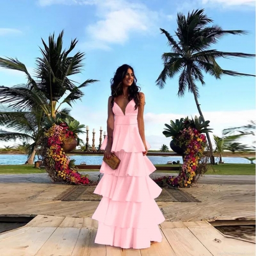 Women Sexy V Neck Backless Tiered Maxi Dress Spaghetti Strap Elegant Party Gown Evening Wedding Guest Vacation Summer Solid Color Polyester Dress