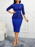 Royal Blue Sequin Peplum Midi Dress Elegant Bodycon Pencil Party Dress For Women Formal Evening Event Wedding Guest Dress Half Sleeve Round Neck Sparkly Cocktail Dress