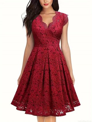 Elegant Wine Red Lace Midi Dress Women Audrey Hepburn Style V-Neck Sleeveless Slim Fit A-Line Party Wedding Evening Guest Clothing