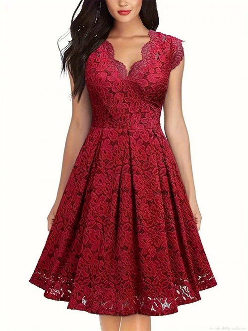 Elegant Wine Red Lace Midi Dress Women Audrey Hepburn Style V-Neck Sleeveless Slim Fit A-Line Party Wedding Evening Guest Clothing