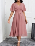 Women Elegant V-Neck Ruffled Sleeve Chiffon Polyester Dress Solid Color A-Line Mid-Long Pleated Waist Evening Party Midi Dress Dusty Rose Pink Mauve Vacation Summer Chic