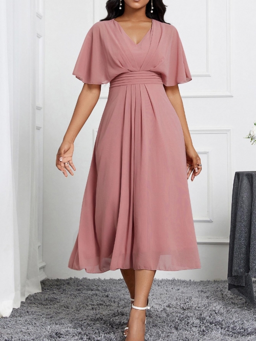 Women Elegant V-Neck Ruffled Sleeve Chiffon Polyester Dress Solid Color A-Line Mid-Long Pleated Waist Evening Party Midi Dress Dusty Rose Pink Mauve Vacation Summer Chic