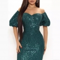Women's Elegant Sequin Off-Shoulder Midi Dress Polyester Spandex Bodycon Puff Short Sleeve Dress For Party Evening Wedding Cocktail Solid Dark Green Sexy Slim Fit Outfit