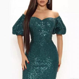 Women's Elegant Sequin Off-Shoulder Midi Dress Polyester Spandex Bodycon Puff Short Sleeve Dress For Party Evening Wedding Cocktail Solid Dark Green Sexy Slim Fit Outfit