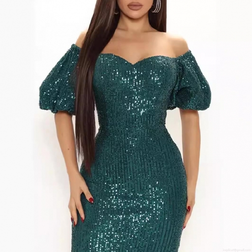 Women's Elegant Sequin Off-Shoulder Midi Dress Polyester Spandex Bodycon Puff Short Sleeve Dress For Party Evening Wedding Cocktail Solid Dark Green Sexy Slim Fit Outfit