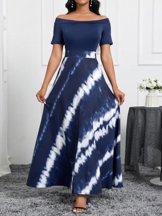 Elegant Off-the-Shoulder Maxi Dress Women Navy Blue Patchwork Tie-Dye Stripe Short Sleeve A-Line Summer Dress Polyester Spandex High Waist Party Gown