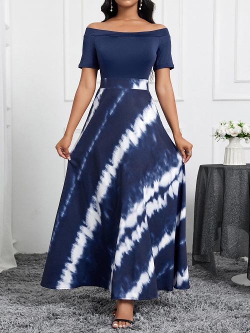 Elegant Off-the-Shoulder Maxi Dress Women Navy Blue Patchwork Tie-Dye Stripe Short Sleeve A-Line Summer Dress Polyester Spandex High Waist Party Gown
