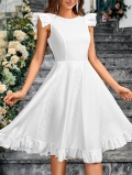 Women Elegant White Sleeveless Midi Dress With Ruffle Flutter Sleeve Lace Patchwork A-Line Tutu Dress For Summer Party Vacation Ladies