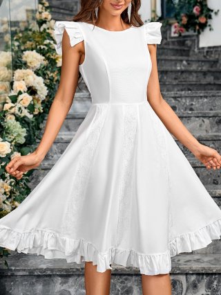 Women Elegant White Sleeveless Midi Dress With Ruffle Flutter Sleeve Lace Patchwork A-Line Tutu Dress For Summer Party Vacation Ladies