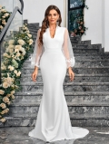 Elegant White Evening Dress For Women V-Neck Transparent Lace Puff Sleeves Fishtail Mermaid Wedding Gown Formal Party Banquet Slim Fit Maxi Dress