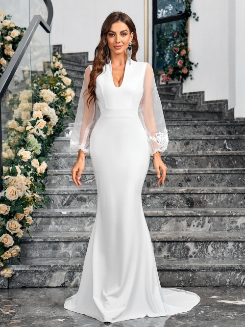 Elegant White Evening Dress For Women V-Neck Transparent Lace Puff Sleeves Fishtail Mermaid Wedding Gown Formal Party Banquet Slim Fit Maxi Dress