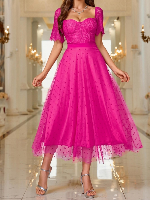 French Vintage Rose Red Lace Mesh Polka Dot Midi Dress Elegant Backless Square Neck Short Sleeve A-Line Party Dress For Women Wedding Guest Evening Gown
