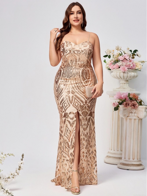 Plus Size Sequin Evening Gown Women Elegant V-Neck High Slit Cami Maxi Dress For Wedding Party Banquet Luxurious Sleeveless Bodycon Fishtail Long Dress