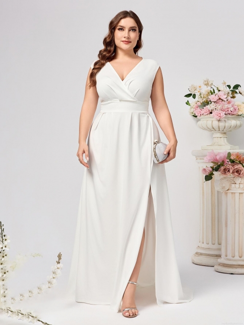 Women's Plus Size White V-Neck Sleeveless High Slit Maxi Dress Elegant Backless Pleated Evening Gown For Wedding Party Formal Event