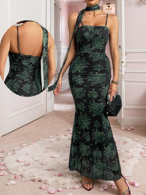 Women Floral Print Cami Maxi Dress With Matching Scarf Backless Bodycon Fishtail Evening Party Dress Sexy French Vintage Long Sun Dress