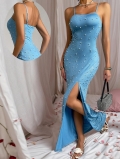 Women Sexy Sky Blue Spaghetti Strap Maxi Dress With Pearl Rhinestone Beaded High Slit Slim Fit Elegant Evening Party Formal Gown Clothing