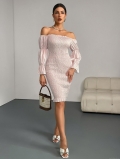 Women's Sexy Smocked Polyester Spandex Off-The-Shoulder Dress Pink Gingham Long Flare Sleeve Slim Fit Bodycon Midi Dress for Party Elegant Summer Clubwear