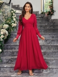 French Style Elegant V-Neck Long Sleeve Chiffon Maxi Dress High Waist Ruffle Stitched A-Line Evening Long Dress for Women