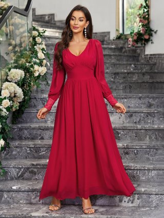 French Style Elegant V-Neck Long Sleeve Chiffon Maxi Dress High Waist Ruffle Stitched A-Line Evening Long Dress for Women