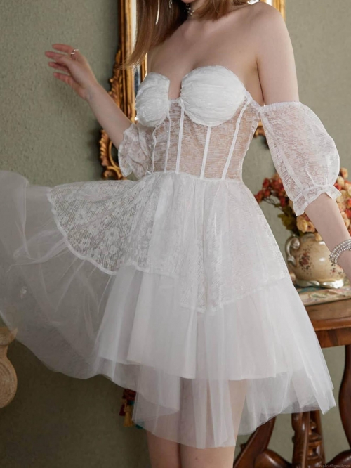 Women Sexy White Lace Mesh Corset Mini Dress Romantic Retro Fishbone Bustier Puffy Skirt With Detachable Puff Sleeves For Vacation Party
