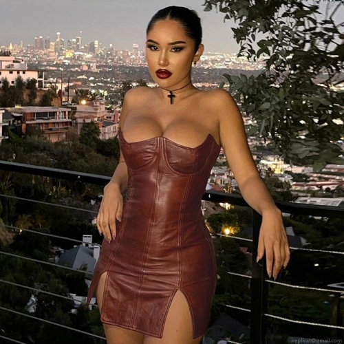 Women Sexy PU Leather Bandeau Mini Dress Solid Color Bodycon Sleeveless Backless Side Slit Short Dress For Party Club Nightclub Hot Girl Style