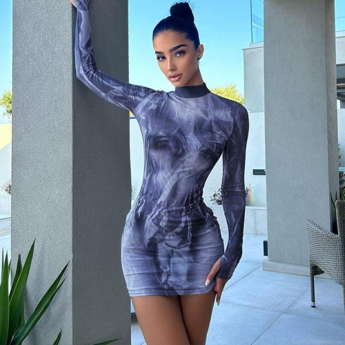 Women's Fashion Abstract Marble Print Slim Fit Bodycon Mini Dress Long Sleeve Round Neck Streetwear Skinny Short Dress