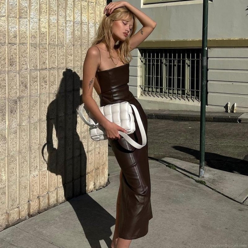Women Sexy PU Leather Backless Midi Dress Spaghetti Strap Slim Fit Side Split Bodycon Faux Leather Evening Party Clubwear Dress Deep Brown