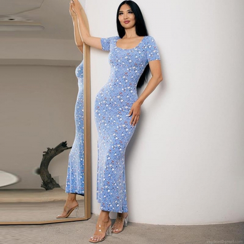 Women's Summer Floral Print Short Sleeve Bodycon Maxi Dress Elegant Crew Neck Slim Fit Polyester Spandex Beach Vacation Long Dress