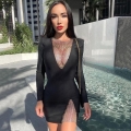 Women Sexy Bodycon Mini Dress Long Sleeve Deep V-Neck Rhinestone Mesh Splicing Nightclub Party Dress Slim Fit Side Slit Evening Short Dress For Women