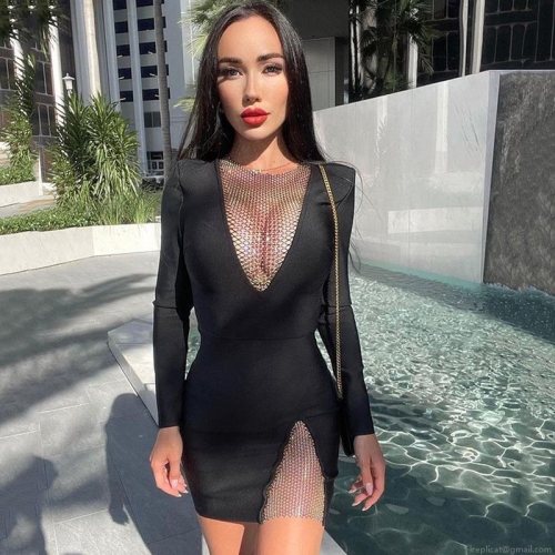 Women Sexy Bodycon Mini Dress Long Sleeve Deep V-Neck Rhinestone Mesh Splicing Nightclub Party Dress Slim Fit Side Slit Evening Short Dress For Women