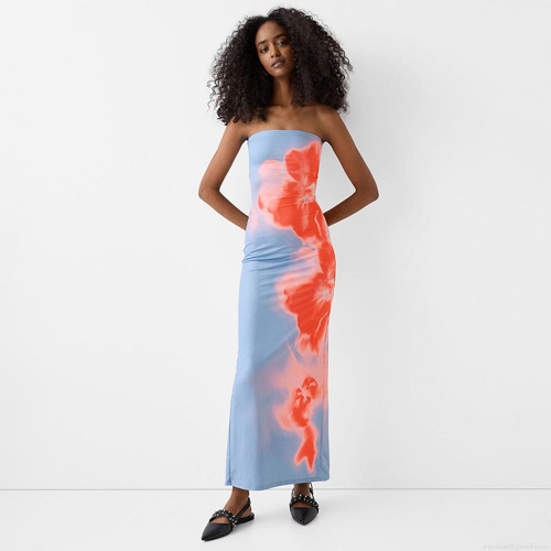 Women's Sexy Strapless Floral Print Bodycon Maxi Dress 95% Polyester 5% Spandex Side Slit Slim Fit Long Tube Dress For Summer Beach Resort Party