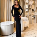 Women's Elegant Square Neck Long Sleeve Maxi Dress Slim Fit Backless Tie-Up Polyester Spandex Bodycon Formal Evening Dress