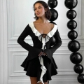 Women's Contrast Color Ruffle V-Neck Mini Dress Elegant Flare Long Sleeve Bodycon Party Dress Polyester Spandex Patchwork Tie-Up Short Dress for Women