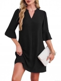 Women's Elegant V Neck Bell Sleeve Shirt Dress Solid Color A-Line Mini Dress With Pockets Polyester Casual Party Wear For Ladies