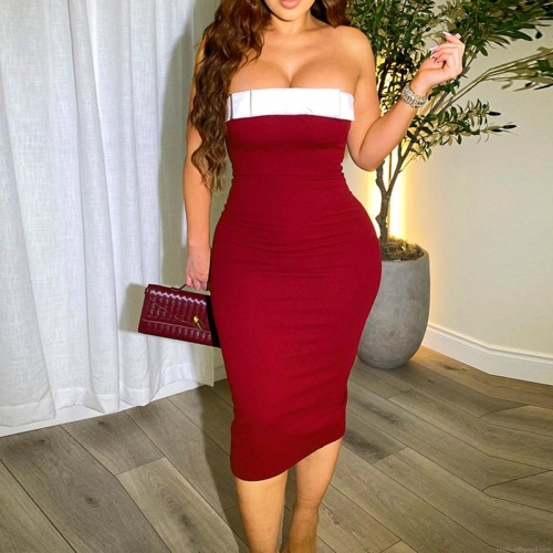 Women's Bodycon Midi Dress Elegant Off-Shoulder Knit Bow Color Block Slim Fit Cocktail Party Dress For Ladies