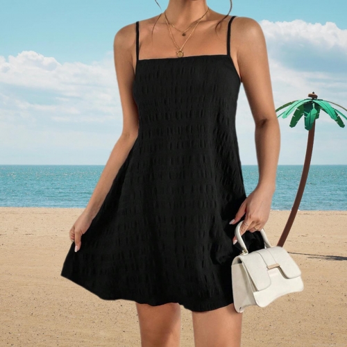 Women Sexy Black Smocked Camisole Dress Backless Pleated A-Line Mini Dress For Summer Beach Party Vacation Solid Color High Elastic Knit Sundress