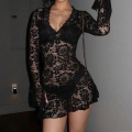 Women Sexy Black Lace Mini Dress Elegant Flare Sleeve V Neck Hollow Out Bodycon Party Clubwear Short Dress For Ladies